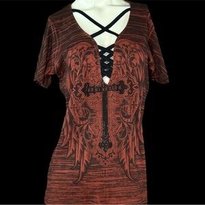 Affliction Women’s Graphic Short Sleeve Criss Cross V-Neck T-Shirt